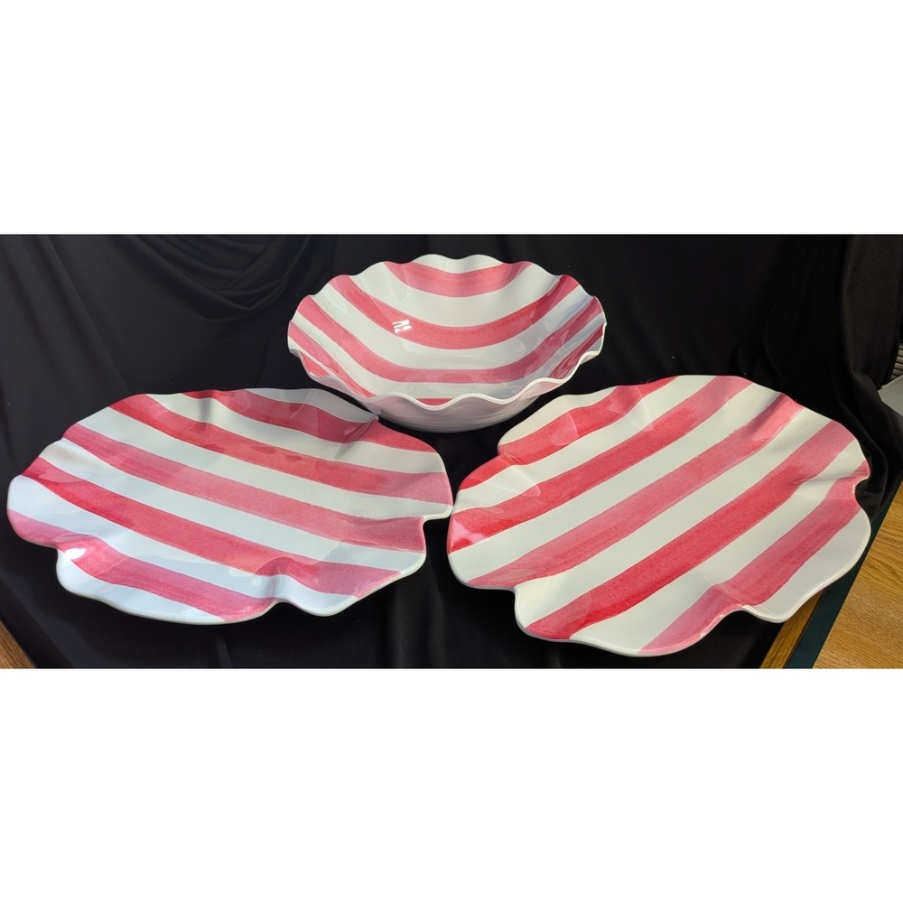 Set Of 2 Platters And 1 bowl, Pinkish-Reds Striped Dinnerware, "The Spring Shop"